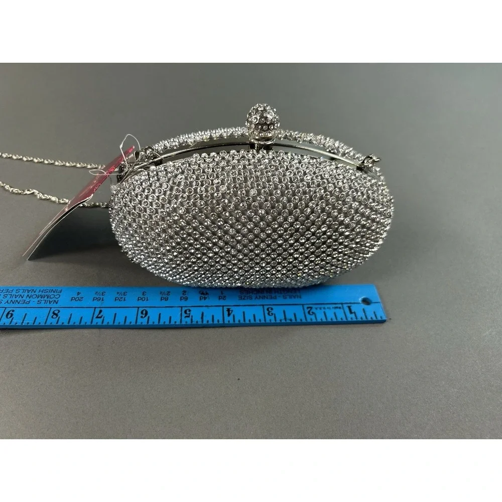 Lulu Townsend Silver Crystal Rhinestone Oval Evening Clutch Purse Chain NWT